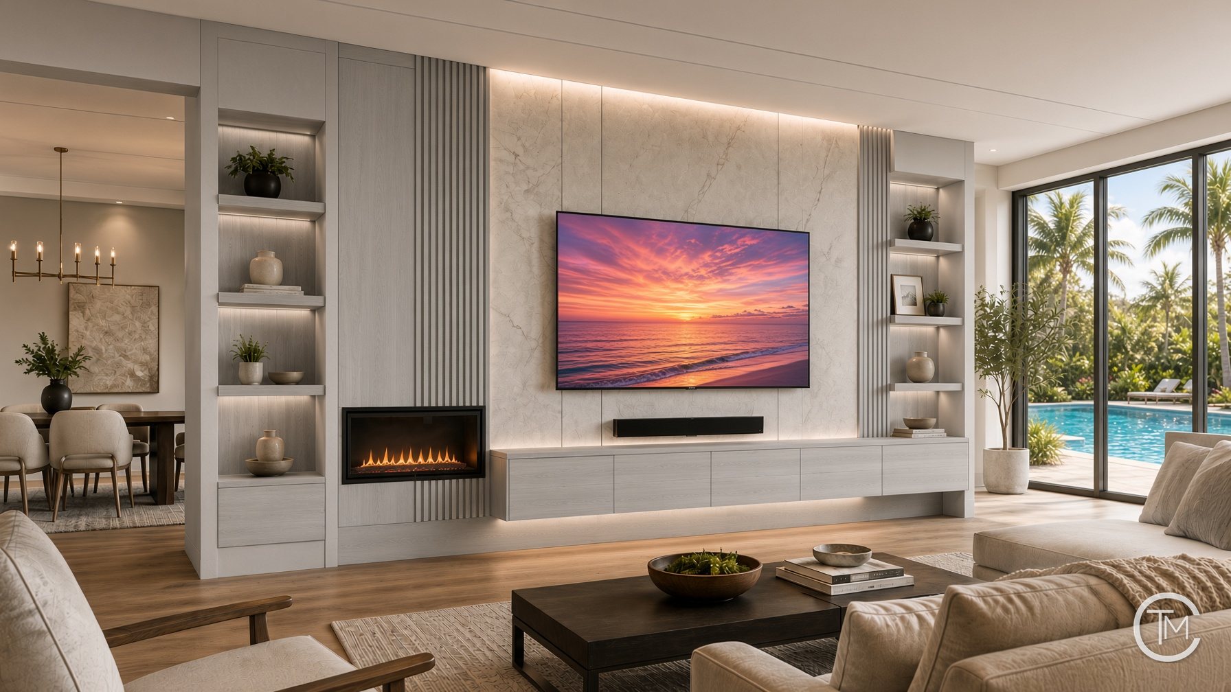 Media wall concept with a light marble-look panel, side linear fireplace, fluted columns and lit open shelves beside a pool view